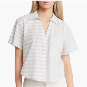 Madewell Short Sleeve Striped Button-Up Shirt Weathered Sky Blue White XS